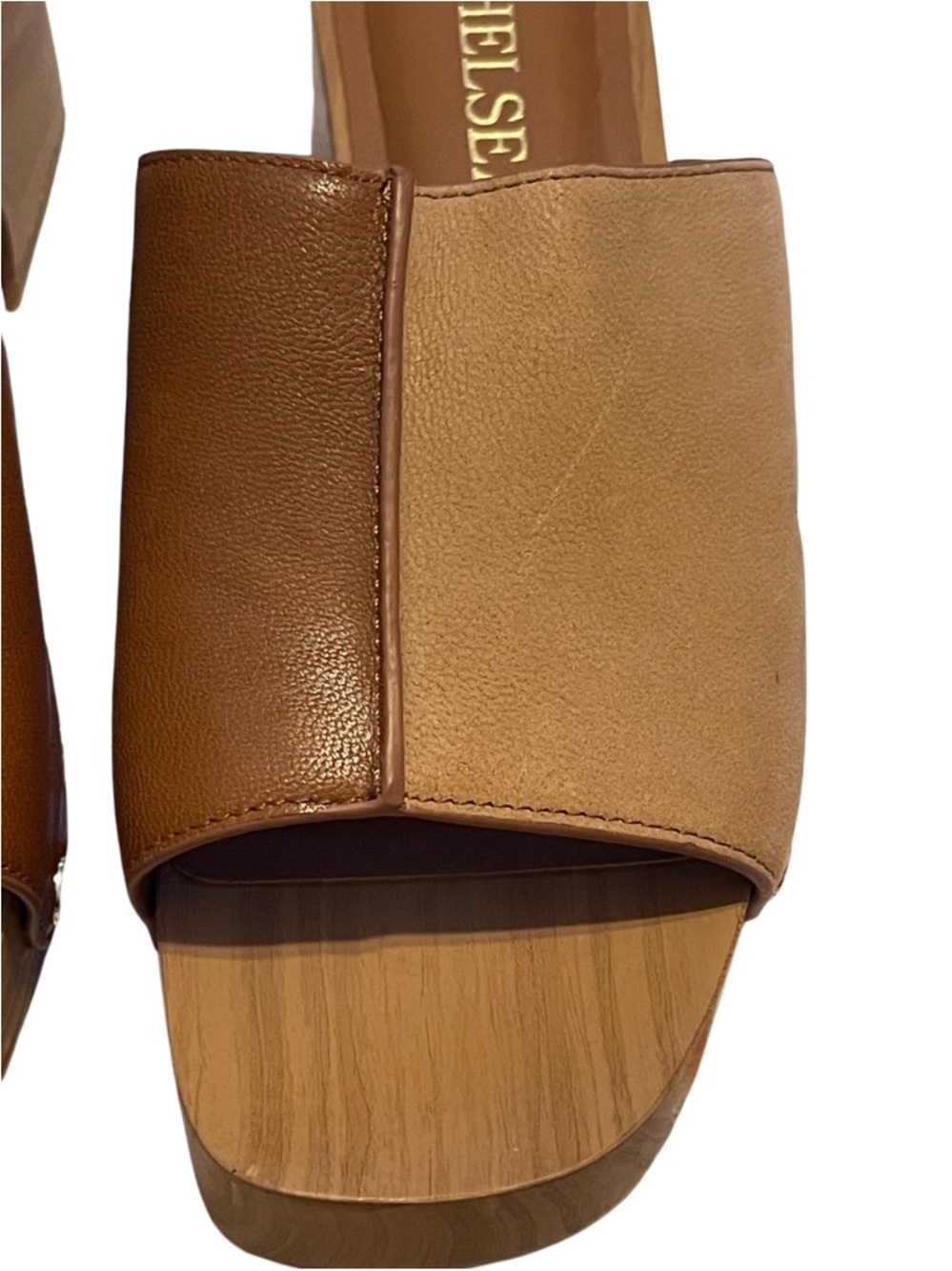 Chelsea & Violet Two-Tone Brown and Tan Leather Slide Platform Mules - Picture 5 of 10